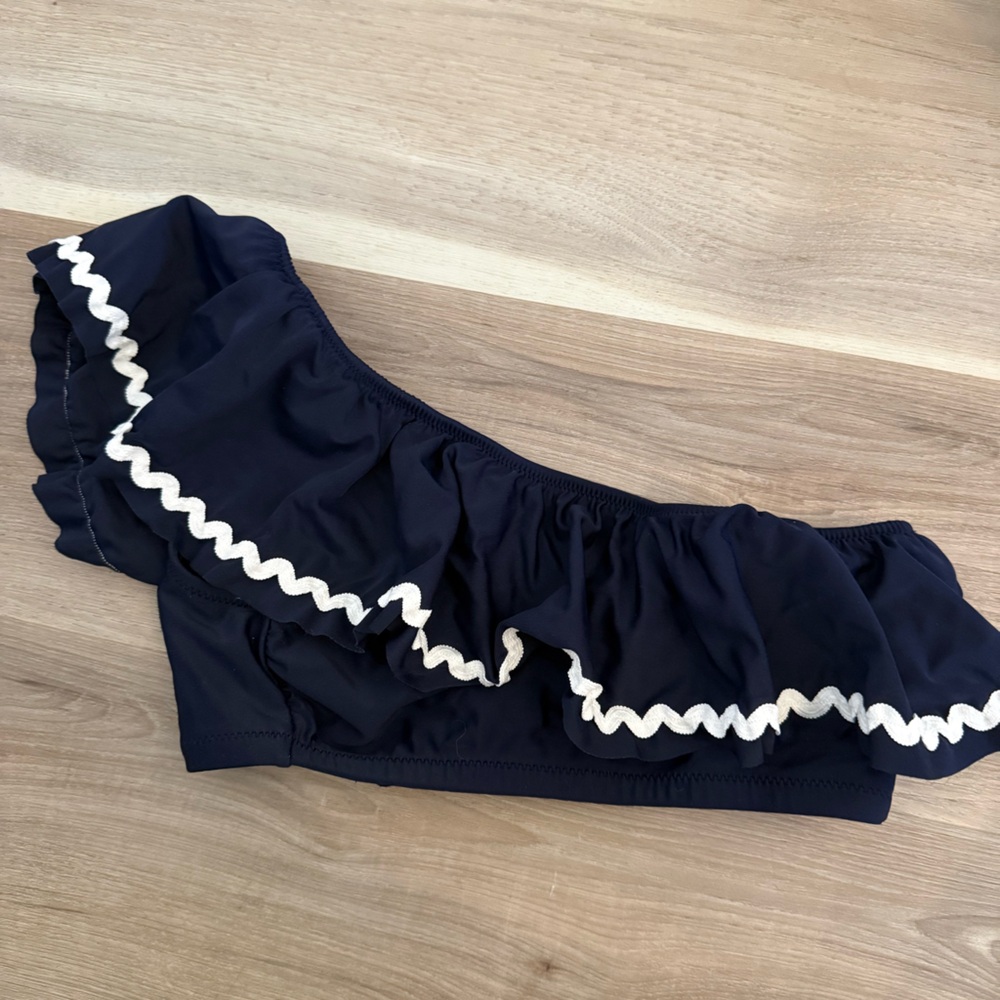 J. Crew Navy One Shoulder Bikini Top with White Trim Ruffle